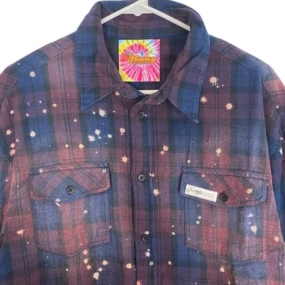 Bart Simpson Reworked Bleached Plaid Flannel Shirt Men Unisex Large Handmade - Picture 3 of 14